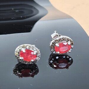 925 Sterling Silver Stud Earrings with Natural Orange Ruby & Natural Diamonds.